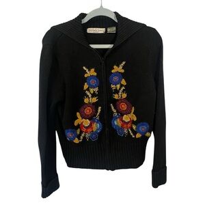 vintage victoria jones embroidered floral black red yellow blue zip up p large